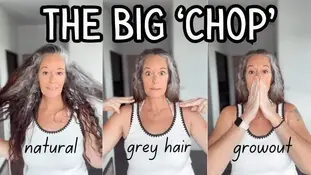Three-panel image of a woman with long hair. The text above each panel reads "natural," "grey hair," and "grow out." She makes different gestures in each panel.