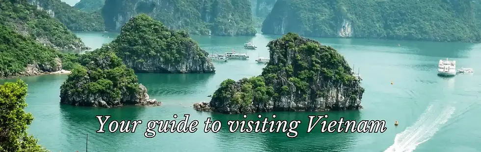 Tourist boats navigate the calm green waters between towering limestone islets in Ha Long Bay. The text "Your guide to visiting Vietnam" is centered in white at the bottom.