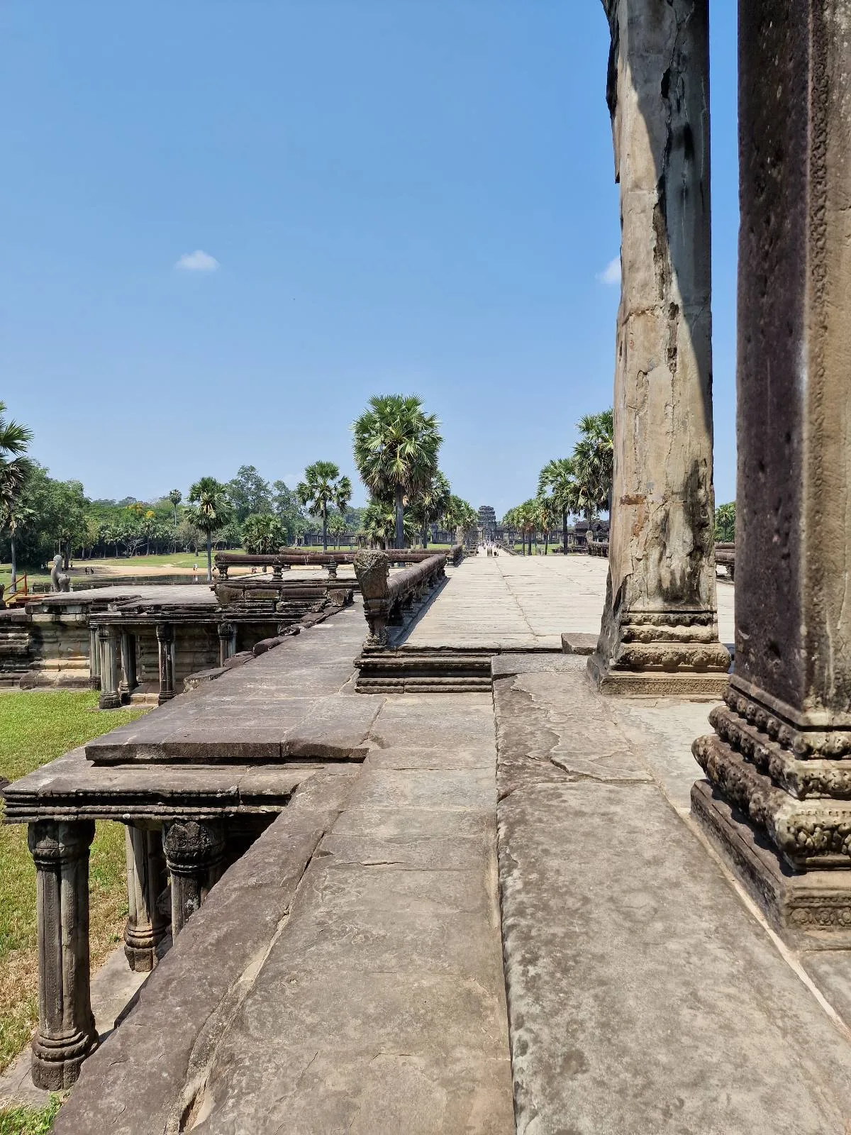 Ancient stone walkway with columns at Angkor Wat temple complex in Cambodia, surrounded by greenery and palm trees under a clear blue sky.