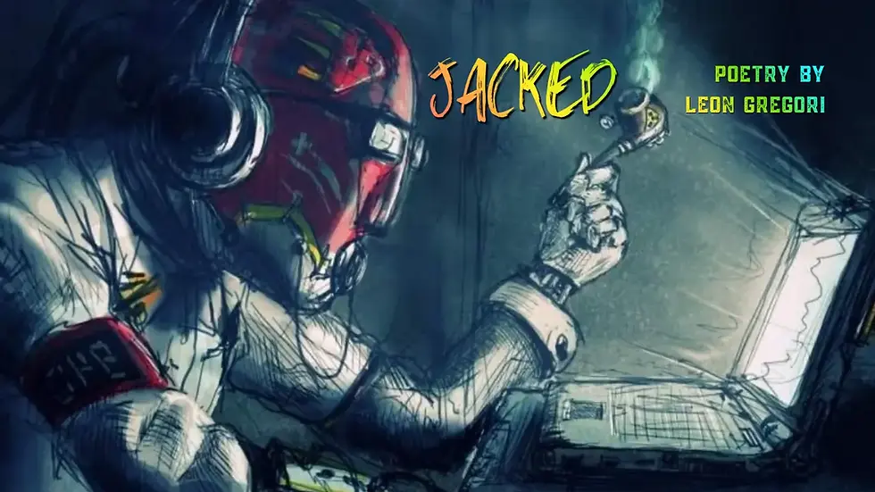 Robot in helmet using a laptop in a dark blue sci-fi scene, with text JACKET and POETRY BY LEON GREGORI.