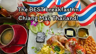 Breakfast plate with bacon, scrambled eggs, beans, toast, and coffee. Text: "The BEST breakfast in Chiang Mai, Thailand!"