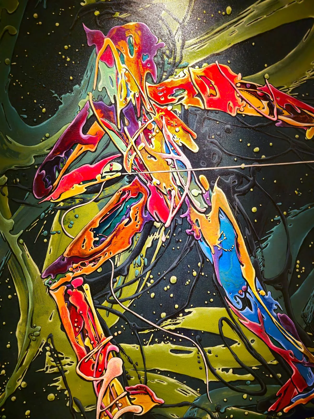 Abstract painting of a dynamic human figure in vibrant colors—red, blue, orange, yellow, and green—on a dark background with swirling lines and splashes, evoking a sense of movement and energy.