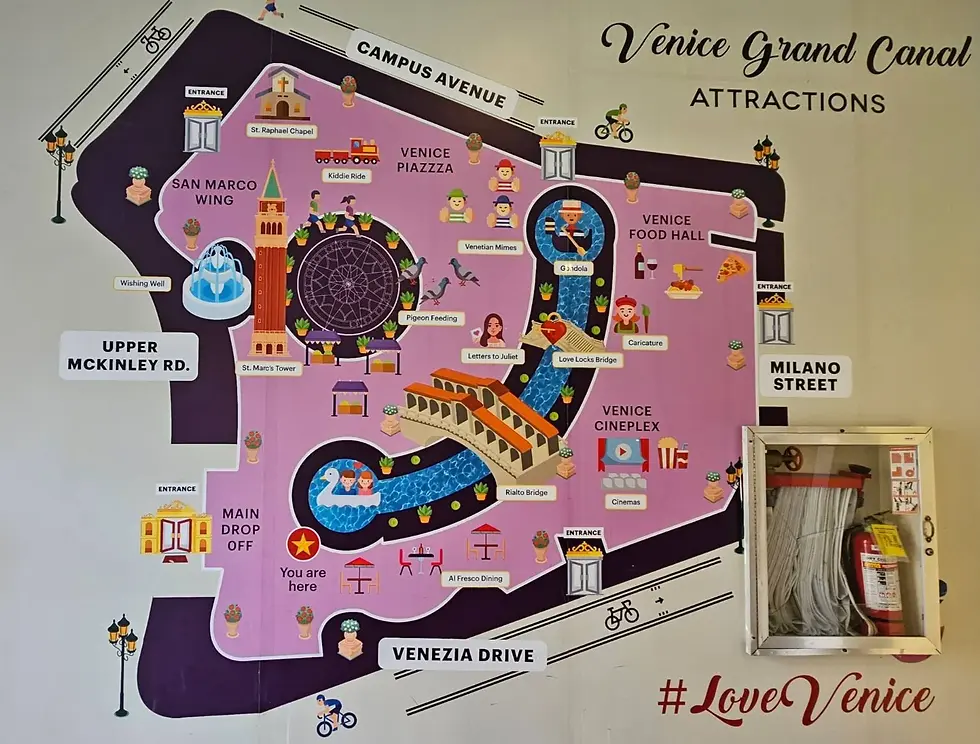 Map of Venice Grand Canal attractions with colorful icons: gondola, food hall, and cineplex. Roads labeled; hashtag #LoveVenice visible.
