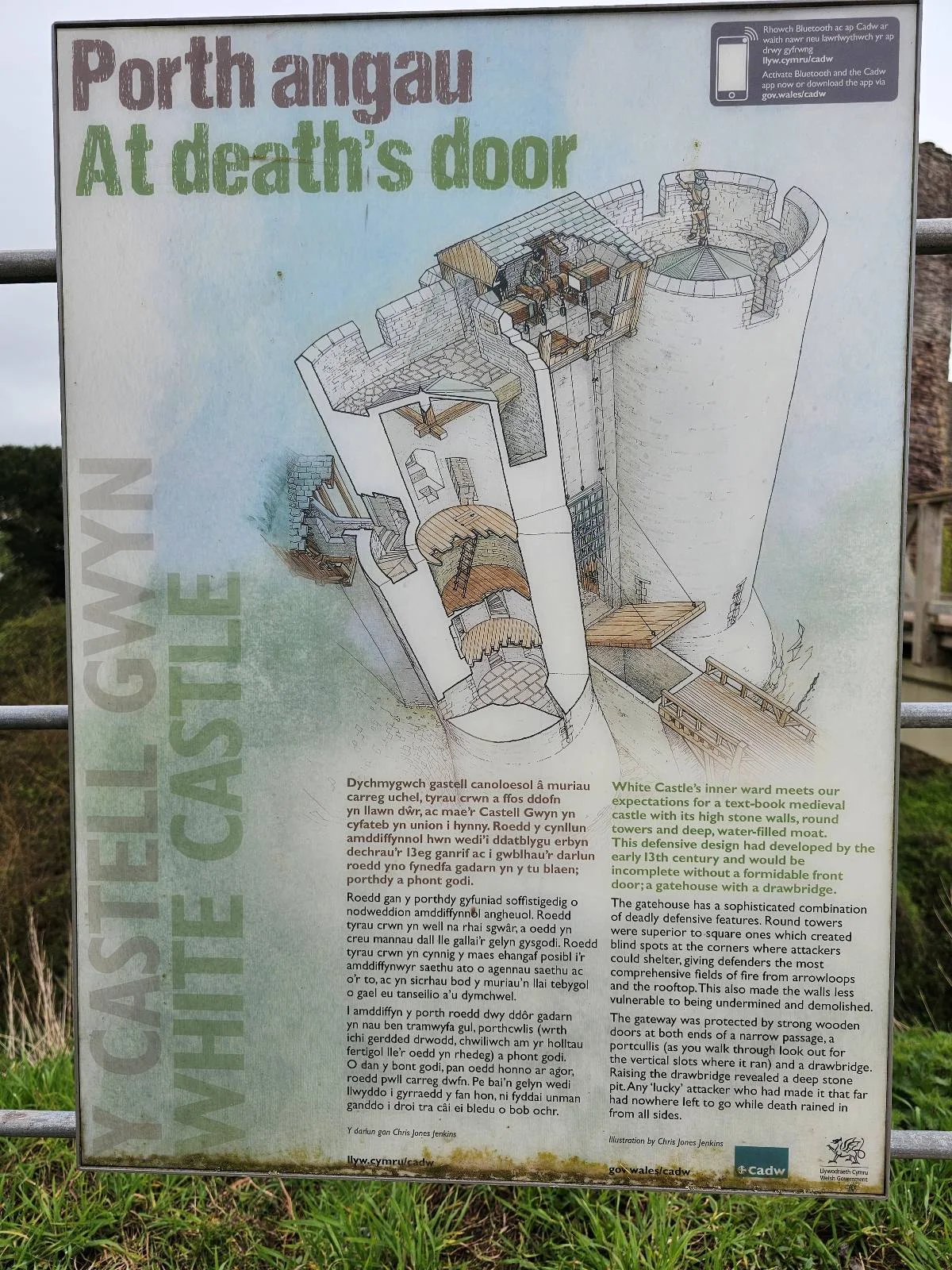 Informational sign titled “At death’s door” with an illustration of a castle gatehouse and text about White Castle’s history and defenses, set outdoors with grass visible at the bottom.