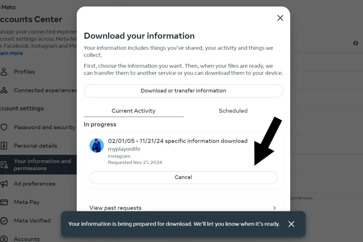 Screenshot of a download information page, showing a request in progress with a completion date of November 24, 2023. There's an arrow pointing to the download section.