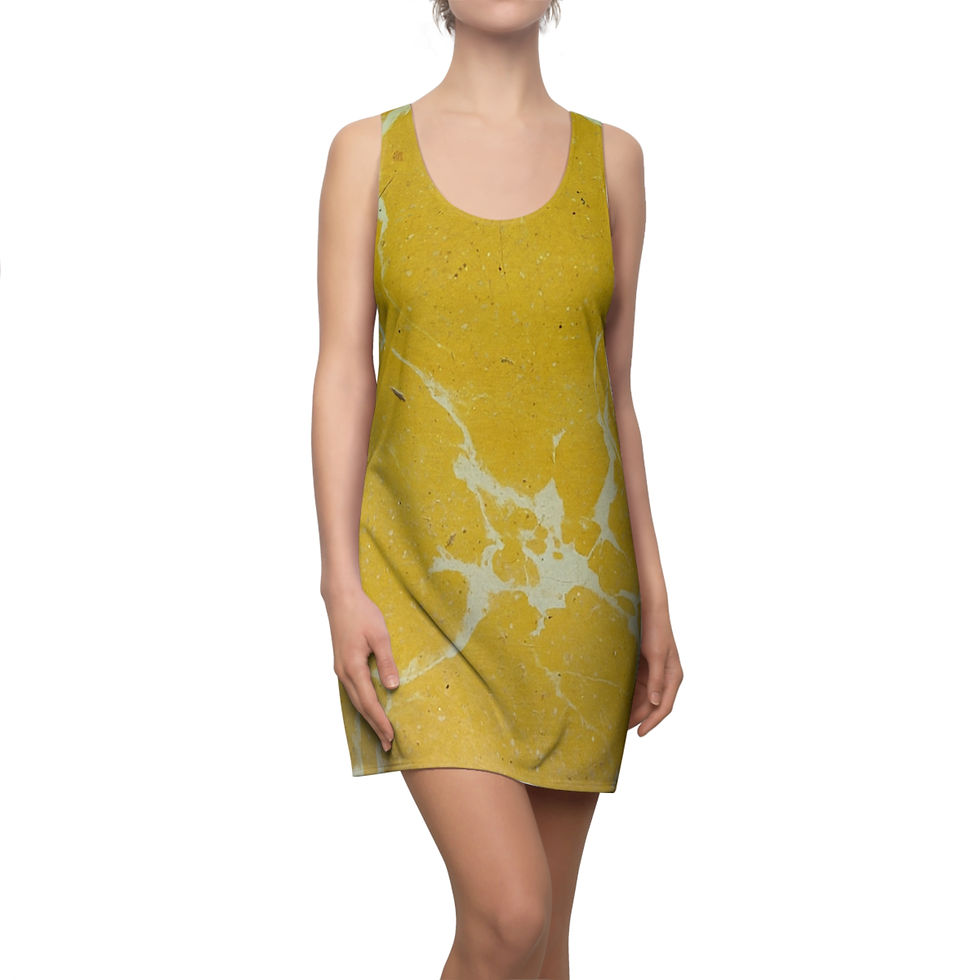 The person is wearing a yellow sleeveless racerback dress with a white abstract pattern.