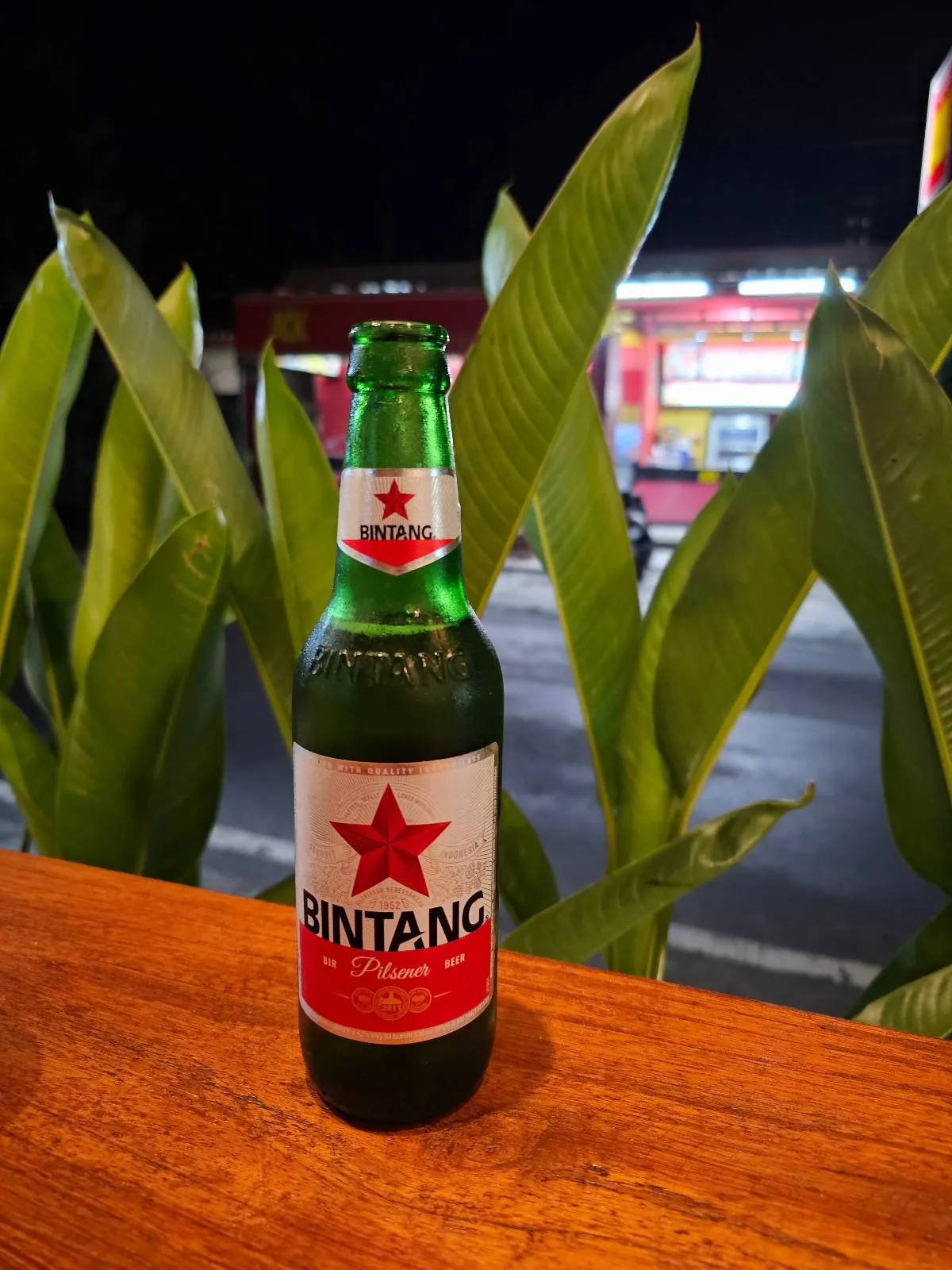A green bottle of Bintang beer with a red star logo sits on a wooden surface. Tall green leaves are in the background, with a brightly lit building and street visible at night.