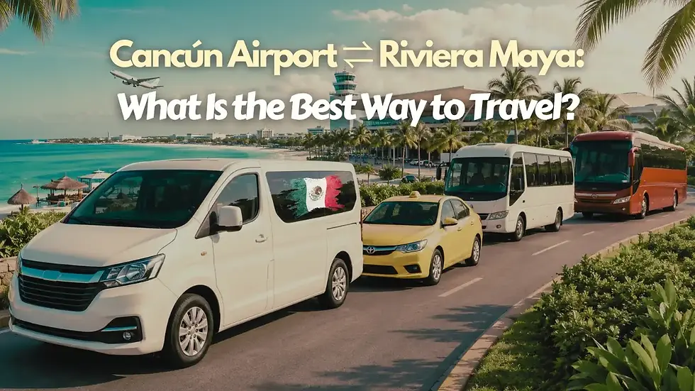 A graphic featuring a white shuttle van, yellow taxi, and passenger bus, representing the best transportation options from Cancún Airport to the Riviera Maya in Mexico.