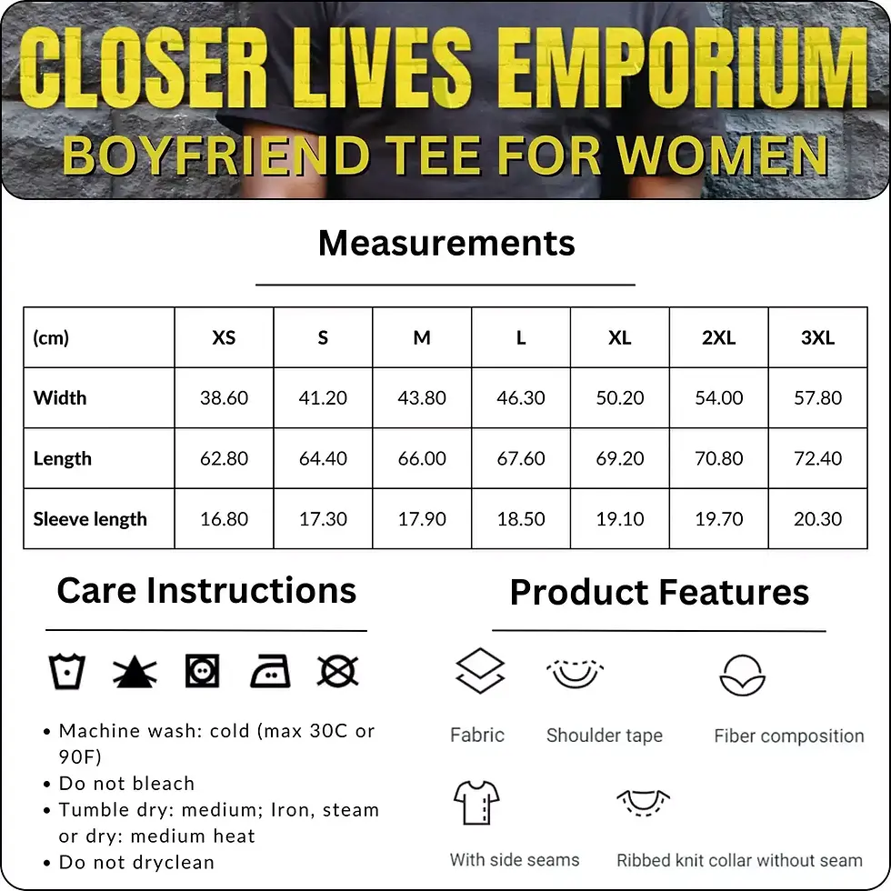 Thumbnail: Size chart and product details for "Closer Lives Emporium" boyfriend tee for women, showing measurements for sizes XS to 3XL.