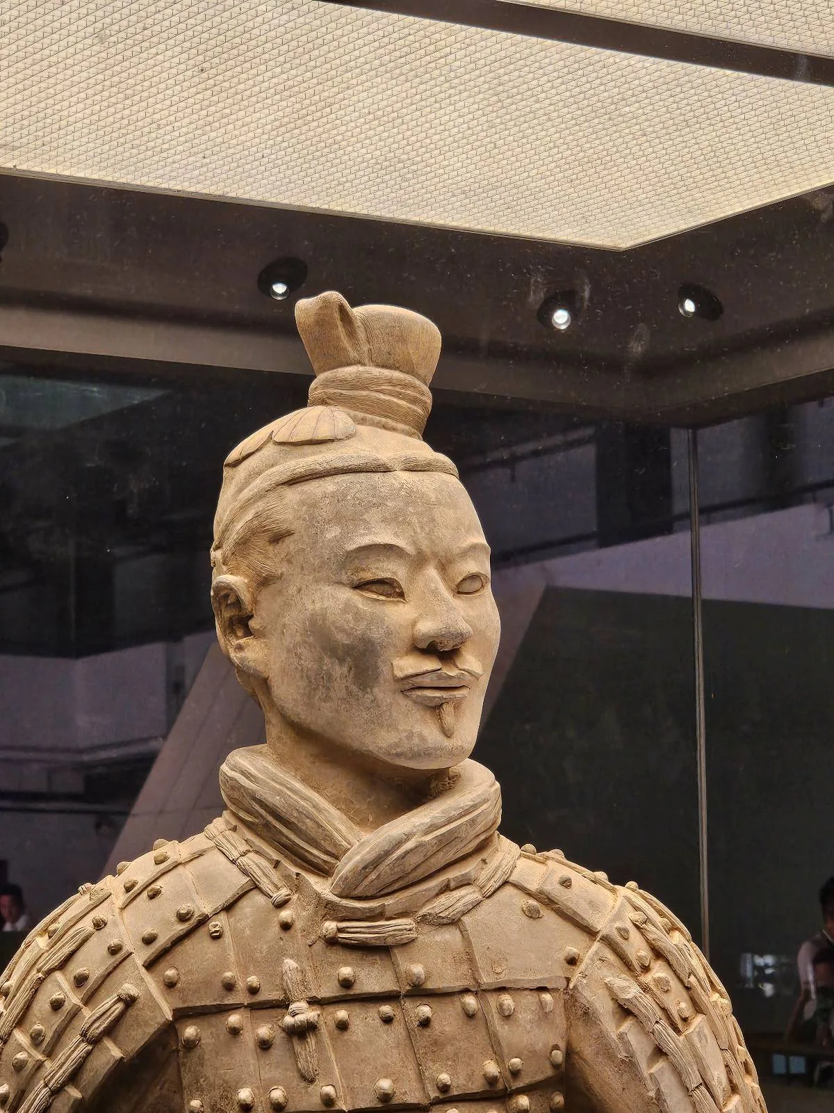 A close-up view of a Terracotta Warrior statue, showing detailed facial features and traditional armor, displayed in a museum setting.