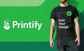 A promotional graphic for Printify featuring a person in a black t-shirt, representing print-on-demand income for global digital nomads.