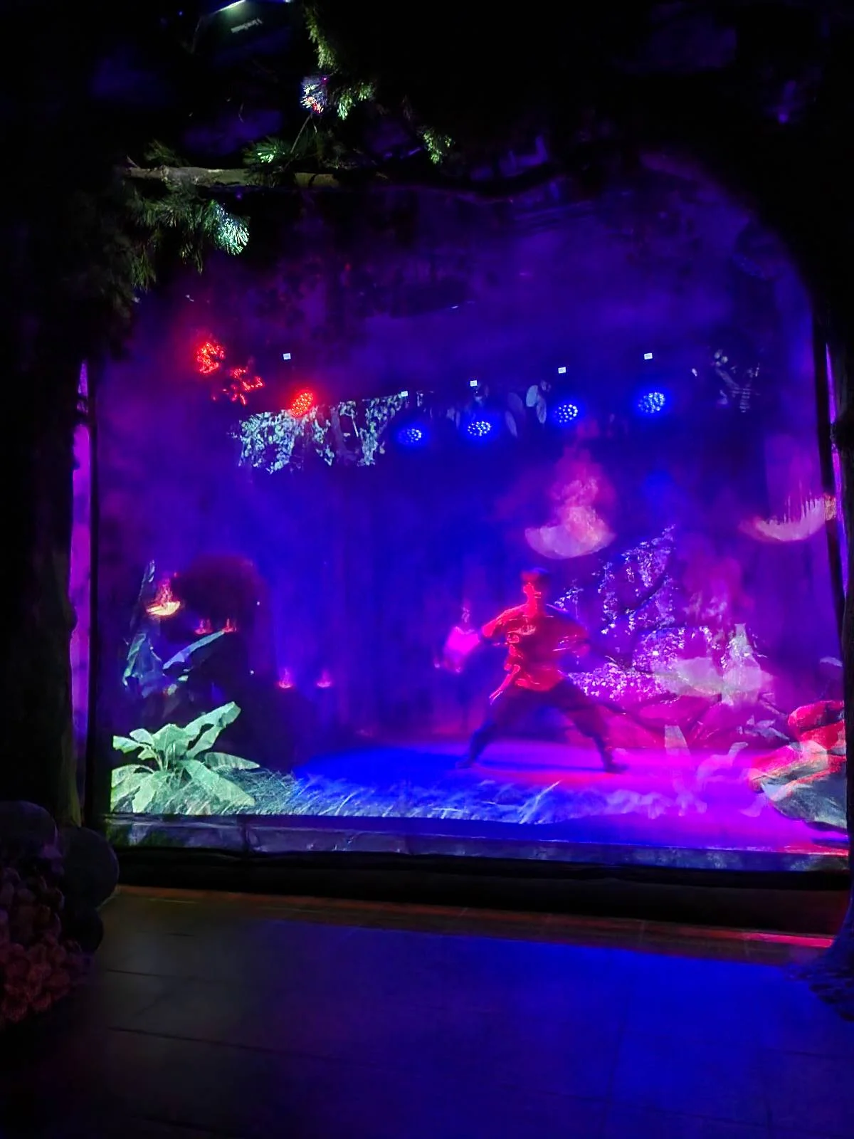 A theatrical display featuring a dancer in a red costume performing under blue and purple lights, with shadowy foliage surrounding the stage.