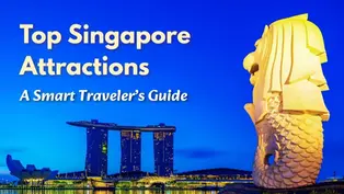Singapore skyline with Marina Bay Sands and Merlion statue at sunset illustrating top Singapore attractions.