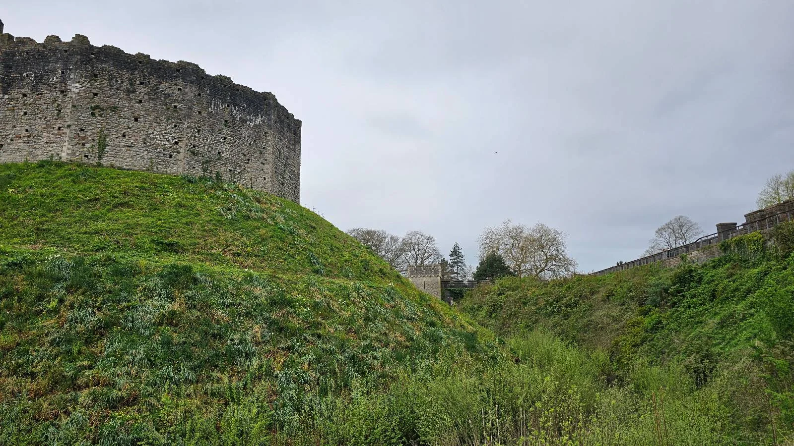 Stone ruins of an ancient castle atop a grassy hill, under a cloudy sky.