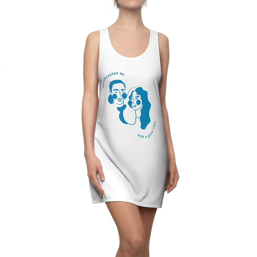 Wearing a chic white sleeveless dress from the Bride to Be Collection, featuring a blue graphic of two faces and text design.