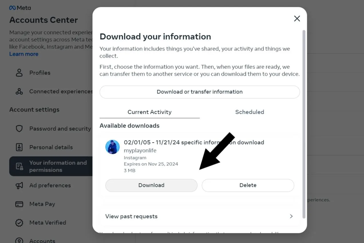 A pop-up window on a website shows a download option for user data, with a black arrow pointing to the "Download" button.