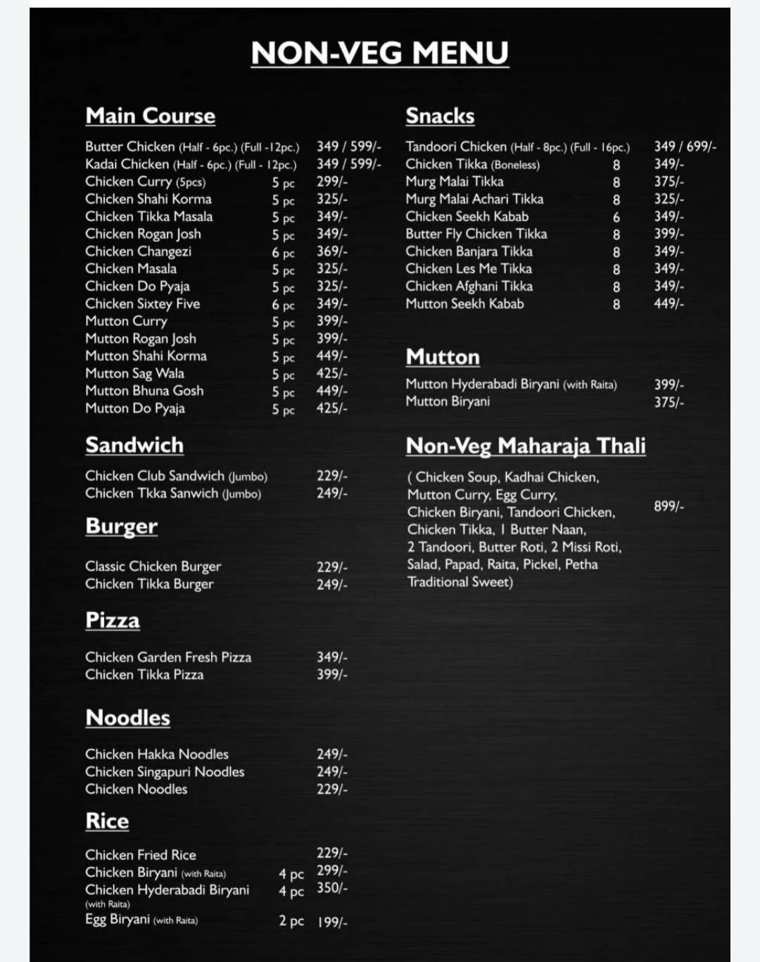 A restaurant’s non-veg menu displayed on a black background with white text, listing main courses, sandwiches, burgers, pizzas, noodles, rice, snacks, mutton dishes, and a non-veg Maharaja thali with prices.