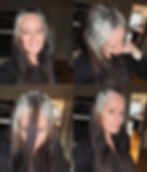 Woman with long, graying brown hair poses indoors. Four images show different angles and expressions, showcasing hair color transition.