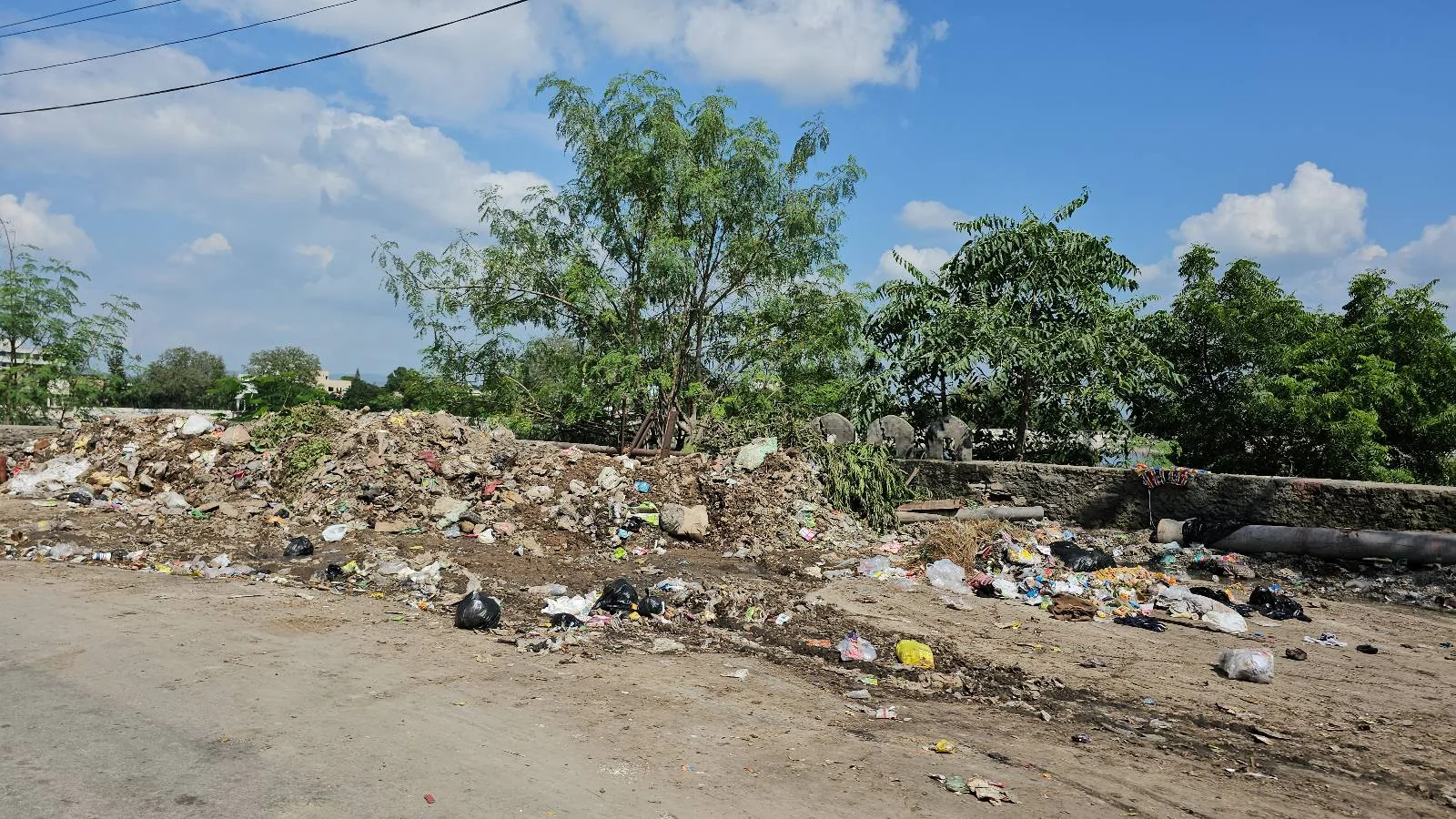 A roadside area with piles of scattered garbage and plastic waste, surrounded by trees and bushes under a blue sky with clouds.