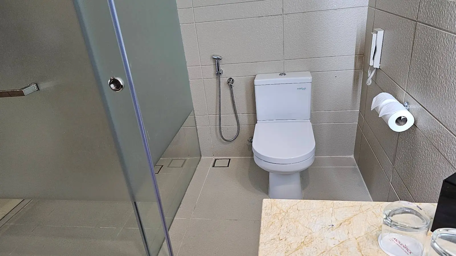 A modern bathroom features a white toilet with a bidet spray attached to the wall, adjacent to a frosted glass shower enclosure. Beige tiles cover the walls and floor, and a roll of toilet paper is mounted on the wall beside the toilet.