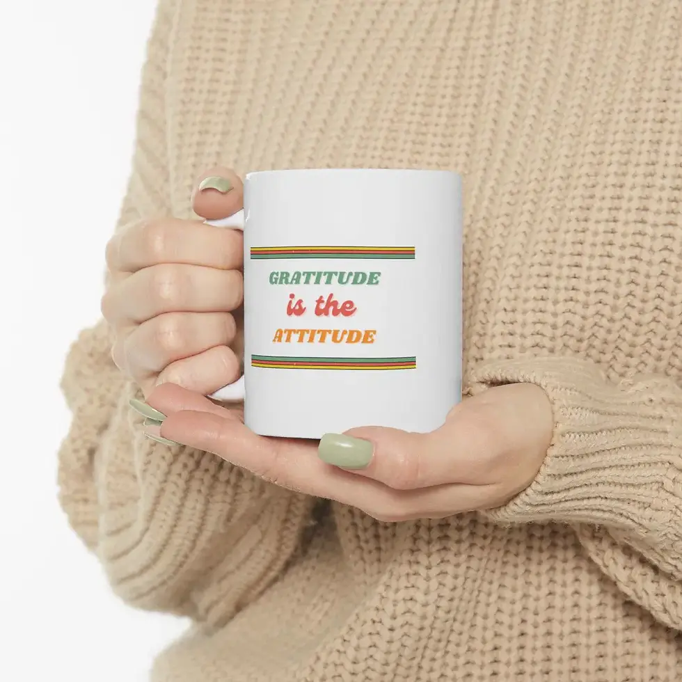 Woman holding mug, Gratitude is the attitude retro ceramic mug, with text on mug
