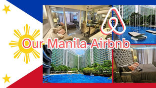 Collage of a Manila Airbnb: cozy room, pool with loungers, and building exterior. Text: "Our Manila Airbnb." Philippines flag backdrop.