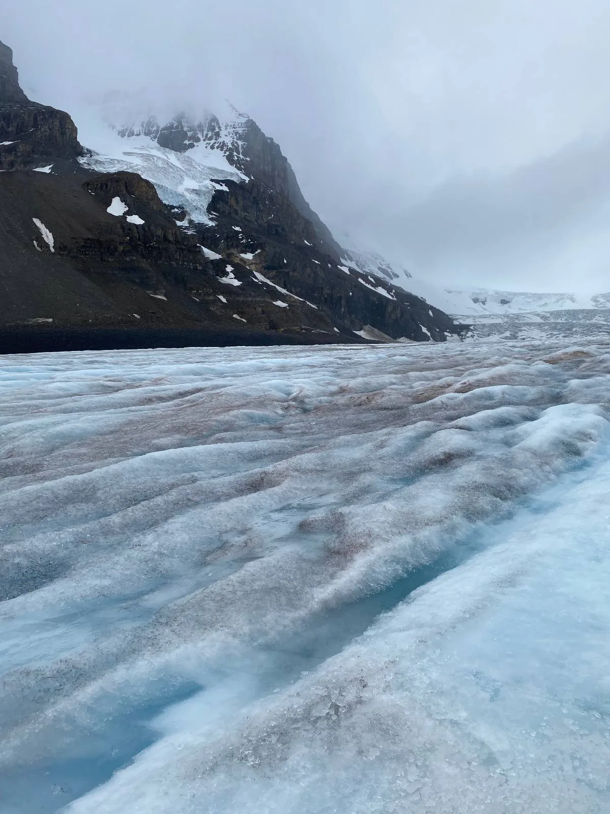A glacier with streaks of blue and gray ice stretches toward snow-covered mountains under a cloudy sky. Mist shrouds parts of the landscape, creating a cold and dramatic scene.