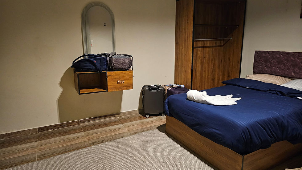 Cozy bedroom with a blue duvet and towel sculpture on bed. Luggage and bags beside wooden wardrobe. Wall mirror and neutral tones.