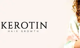 A woman applies Kerotin hair growth product to her long, curly hair; Kerotin Hair Growth logo and text appear on a light background beside her.