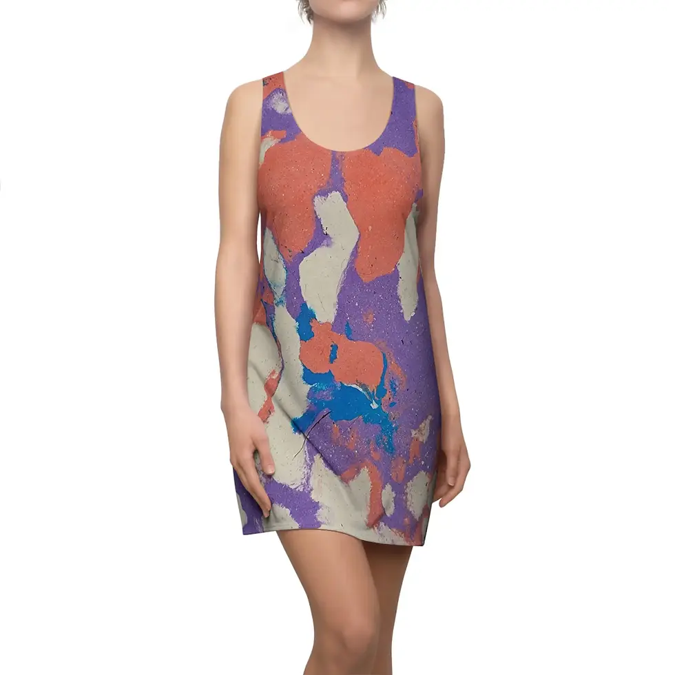 Woman wearing purple dress with orange and blue floral print pattern design.