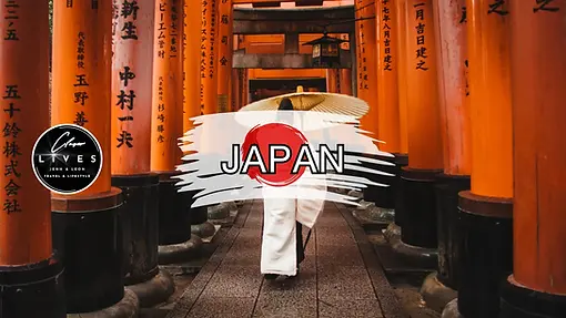 A person with an umbrella strolls through a pathway lined with tall, orange torii gates in Kyoto. The word "JAPAN" is displayed centrally, with Japanese text on the gates. In the corner, a logo reads "Closer Lives, Jenn & Leon Travel & Lifestyle".