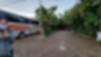 Woman with phone by a white bus marked "OCC" parked on a gravel path. Lush green plants line the background; overcast sky above.