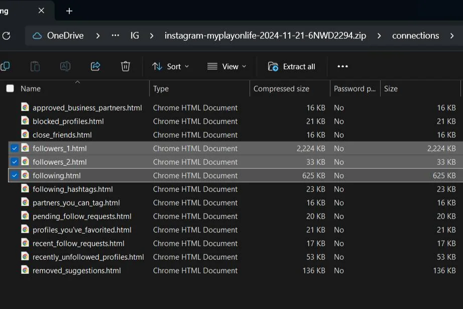 A computer window showing a list of HTML documents with file sizes and types, highlighting files named "followers.html" and "following.html.