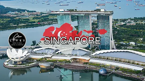 Aerial view of Marina Bay Sands in Singapore, surrounded by sparkling waters and lush gardens. The image features a graphic overlay of the Singapore map and flag, with "Singapore" boldly displayed alongside a "Closer Lives Jenn & Leon Travel & Lifestyle" logo, perfect for travel blogs exploring attractions.