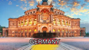 Image of a grand building with the text "NEW" and "Your guide to visiting Germany" overlaid, alongside an illustration of a map of Germany colored in the national flag.