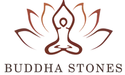 A stylized, pixelated brown lotus flower icon with overlapping petals sits above the words “Buddha Stones” in bold, dark brown text on a white background.