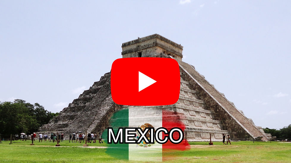 Ancient pyramid with "Mexico" text and flag overlay, surrounded by tourists on a grassy field, beneath a clear blue sky. YouTube logo in center.