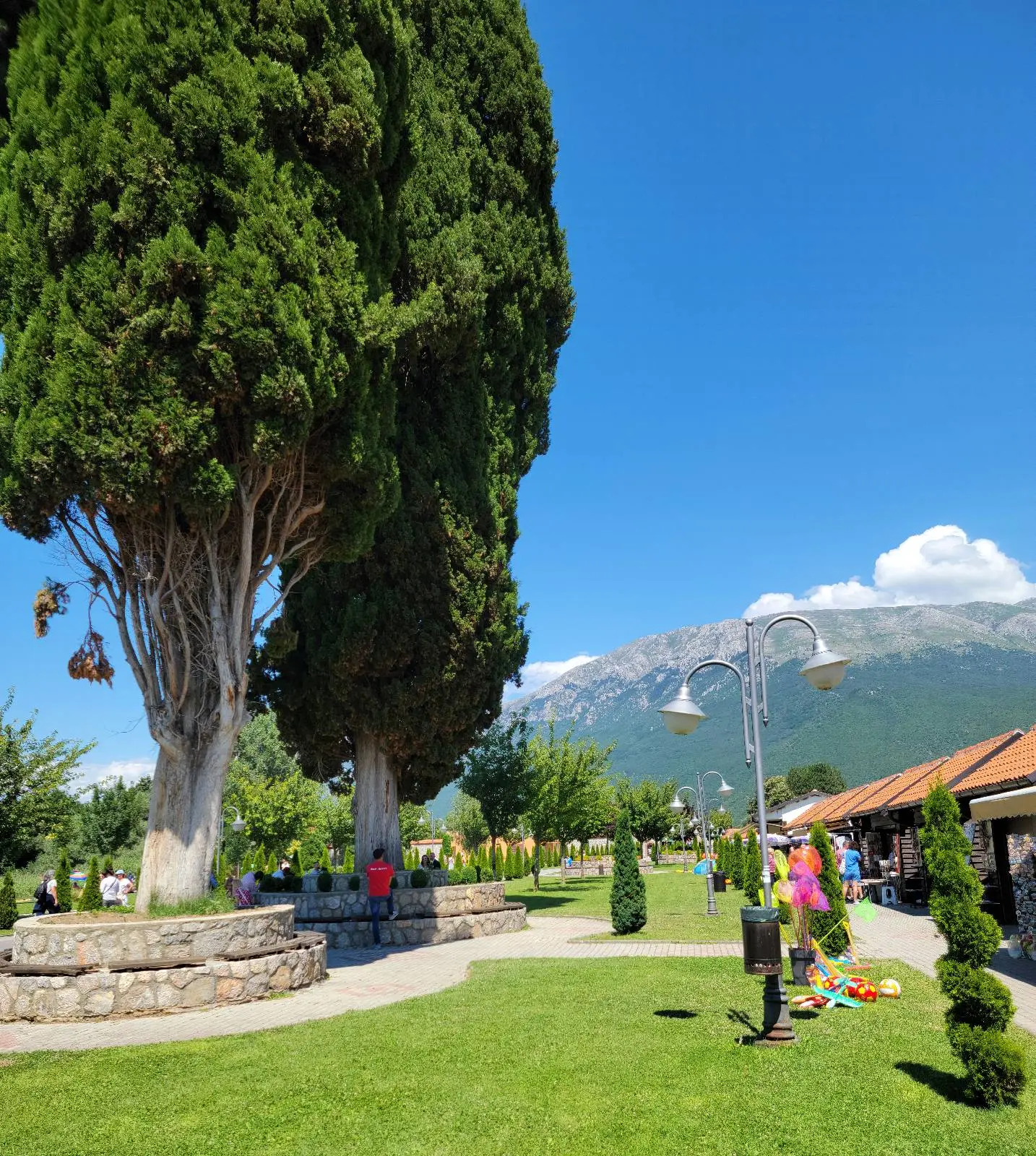 Lush green park with tall trees and a stone path. A person walks along the path near a row of colorful flowers. Mountains are visible in the background under a clear blue sky.