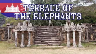 Ancient stone steps with elephant carvings lead upward, surrounded by greenery. "Terrace of the Elephants" text overlays the scene.