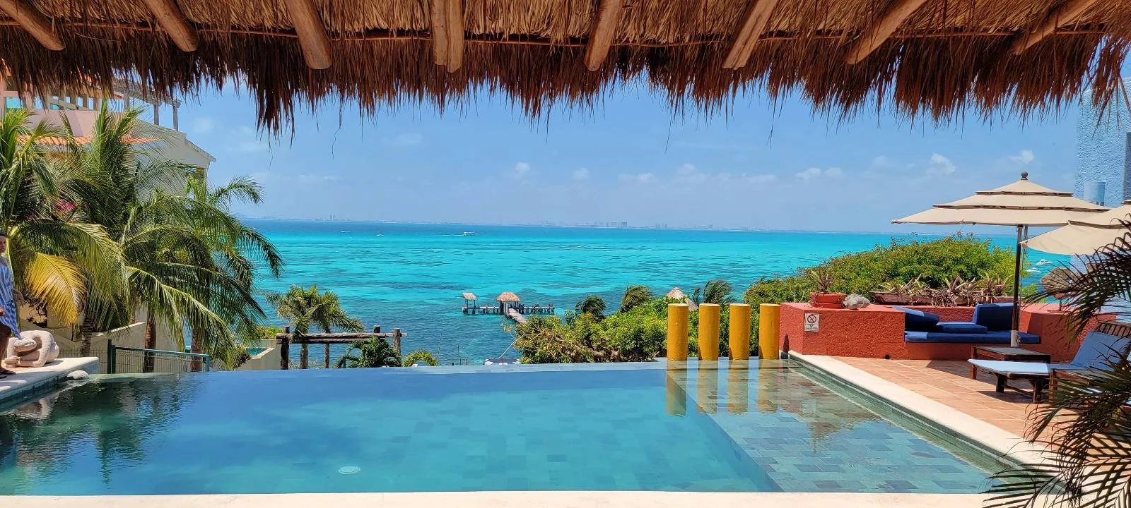 Infinity pool overlooking turquoise ocean, with palm trees, a thatched roof, and lounge chairs under umbrellas on a sunny tropical day.
