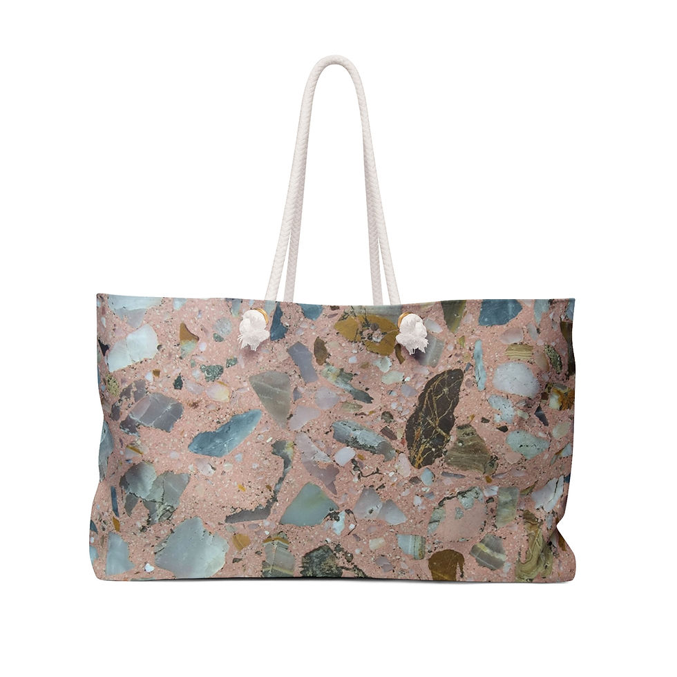 A large tote bag with a terrazzo pattern in shades of pink, blue, and green, inspired by Mexican Tile Art designs.