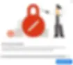 Illustration of a person with a paint roller standing next to a large padlock, symbolizing a disabled ad account with a notification message.