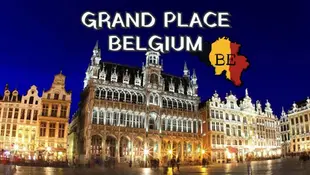 Night view of the grand buildings at the Grand Place in Brussels, Belgium, with the Belgian flag and text "Grand Place Belgium" overlayed.