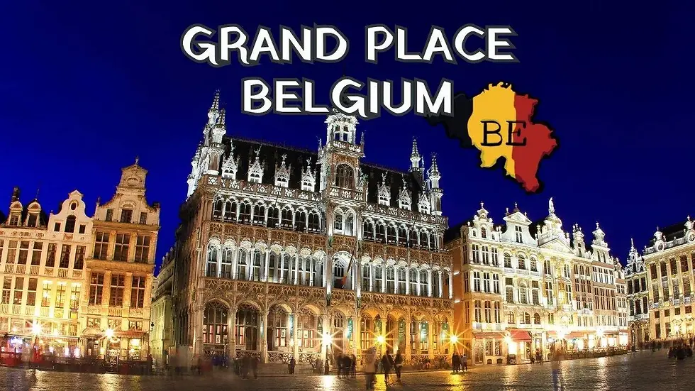 Night view of the grand buildings at the Grand Place in Brussels, Belgium, with the Belgian flag and text "Grand Place Belgium" overlayed.
