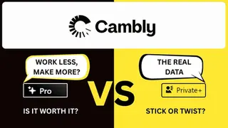 Cambly promo graphic split black and yellow, comparing Pro and Private+ with speech bubbles: Work less, make more? The real data.