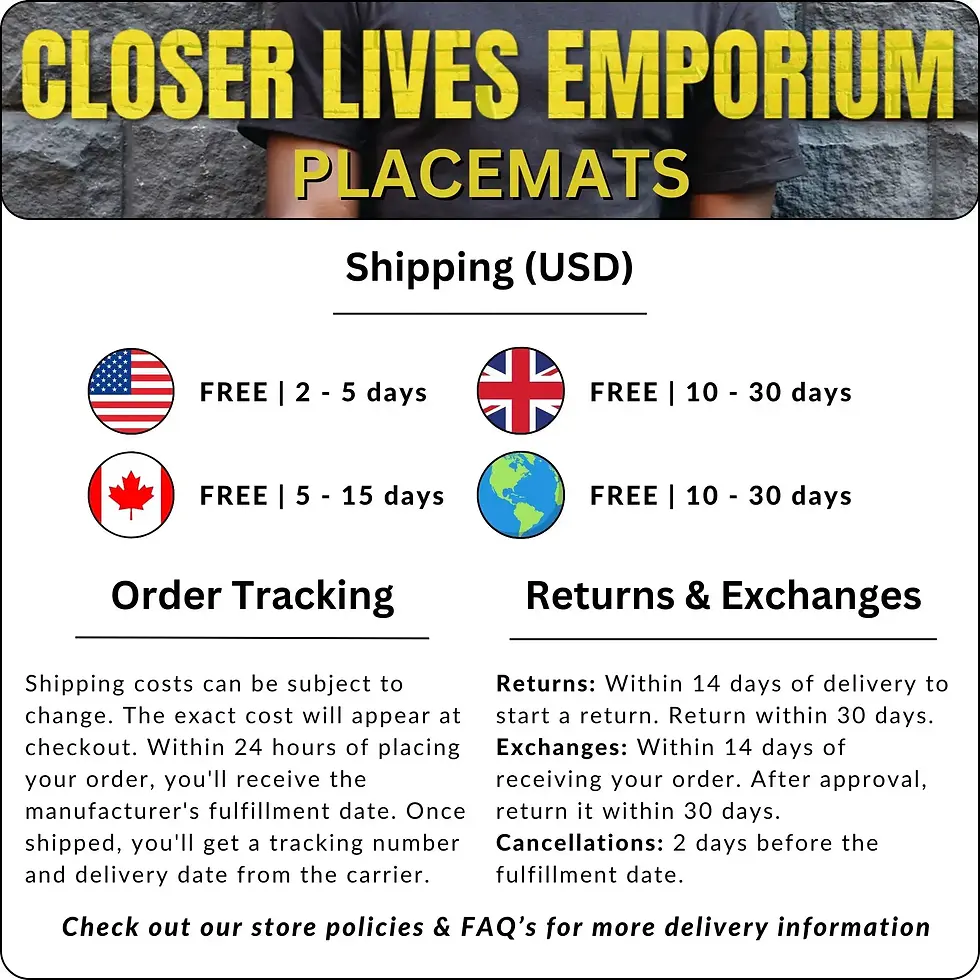 Thumbnail: A shipping and returns policy infographic for Closer Lives Emporium placemats, with delivery times for global locations.