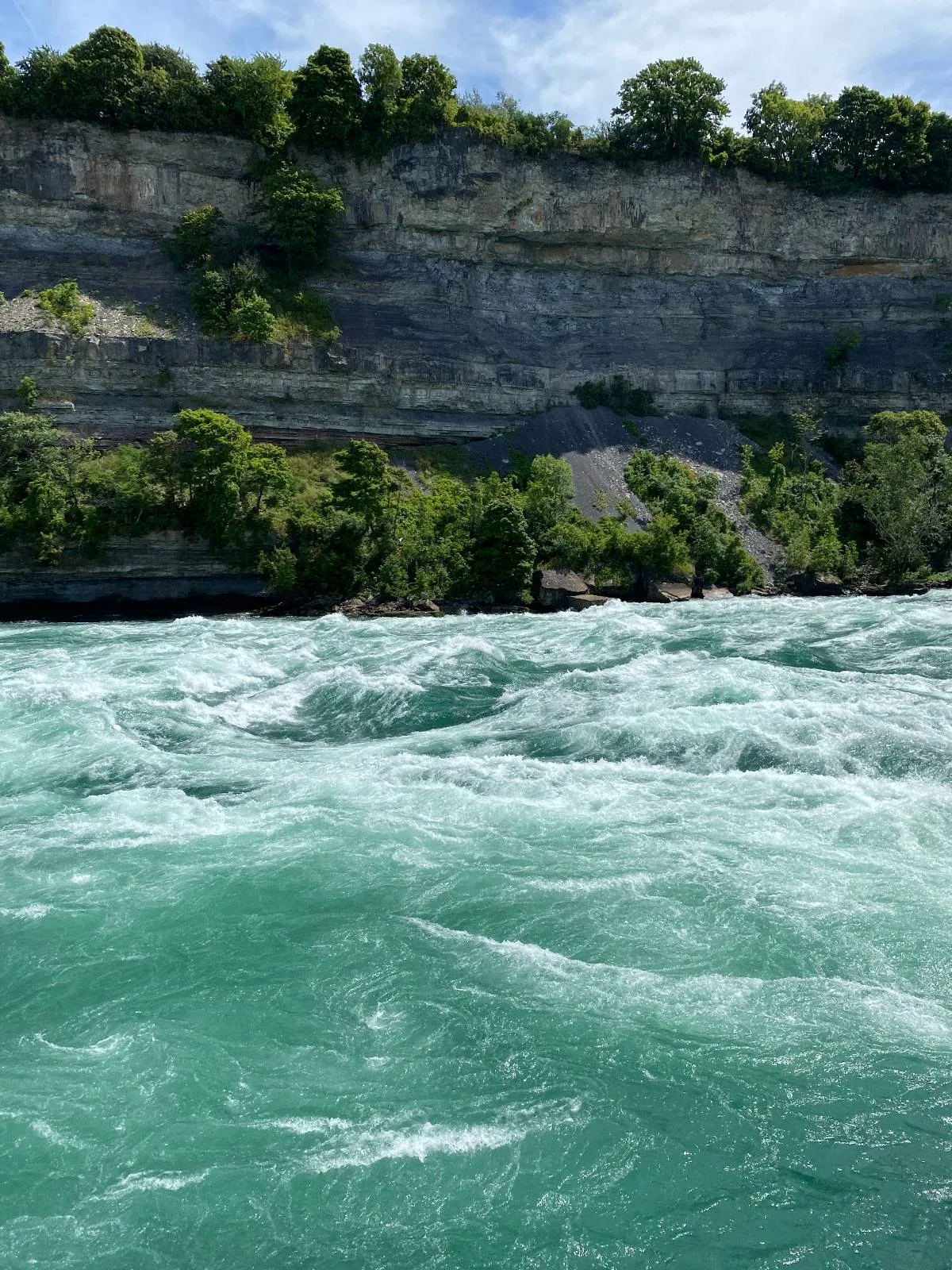 Rushing blue-green river waters in the foreground with a limestone cliff and trees in the background.