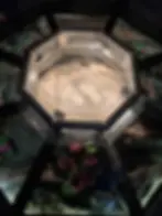 An octagonal display case with a glass top, showcasing stone artifacts inside. Pink and green plants are arranged around the base.