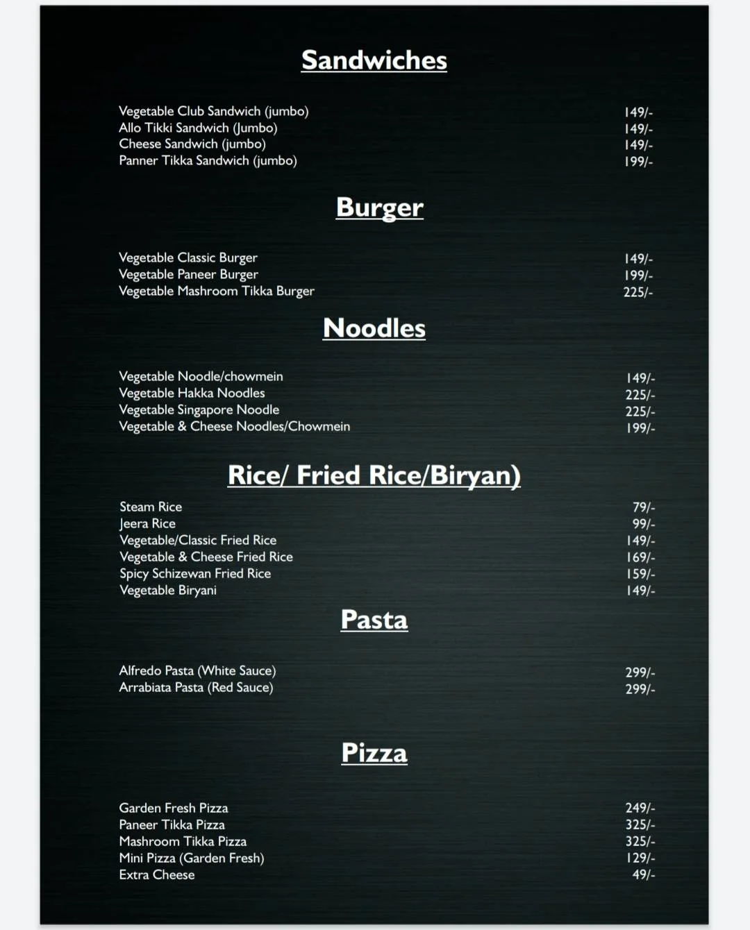 A restaurant menu lists sections for Sandwiches, Burger, Momos, Rice/Fried Rice/Biryani, Pasta, and Pizza, with various vegetarian and non-vegetarian options and prices shown alongside each item. Black background with white text.