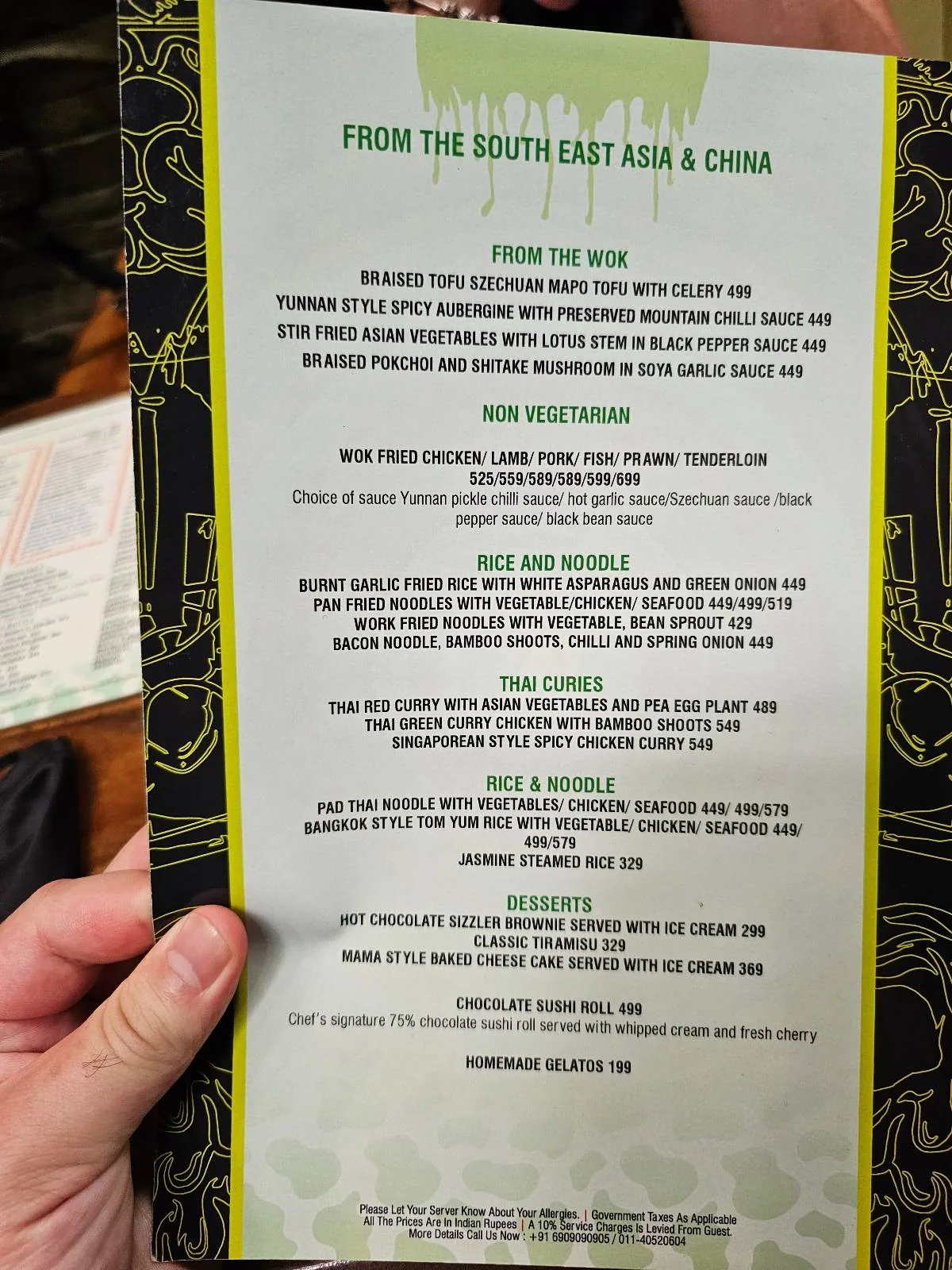 A hand holds a restaurant menu titled “From the South East Asia & China,” listing appetizers, soups, rice, noodles, and vegetarian options, with green and gold decorative borders. Text is slightly blurry but partially readable.